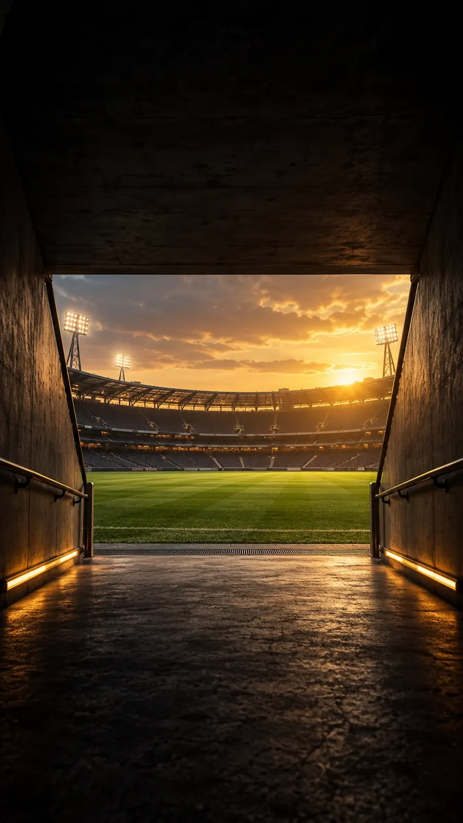 An empty stadium seen from the players’ tunnel at sunset