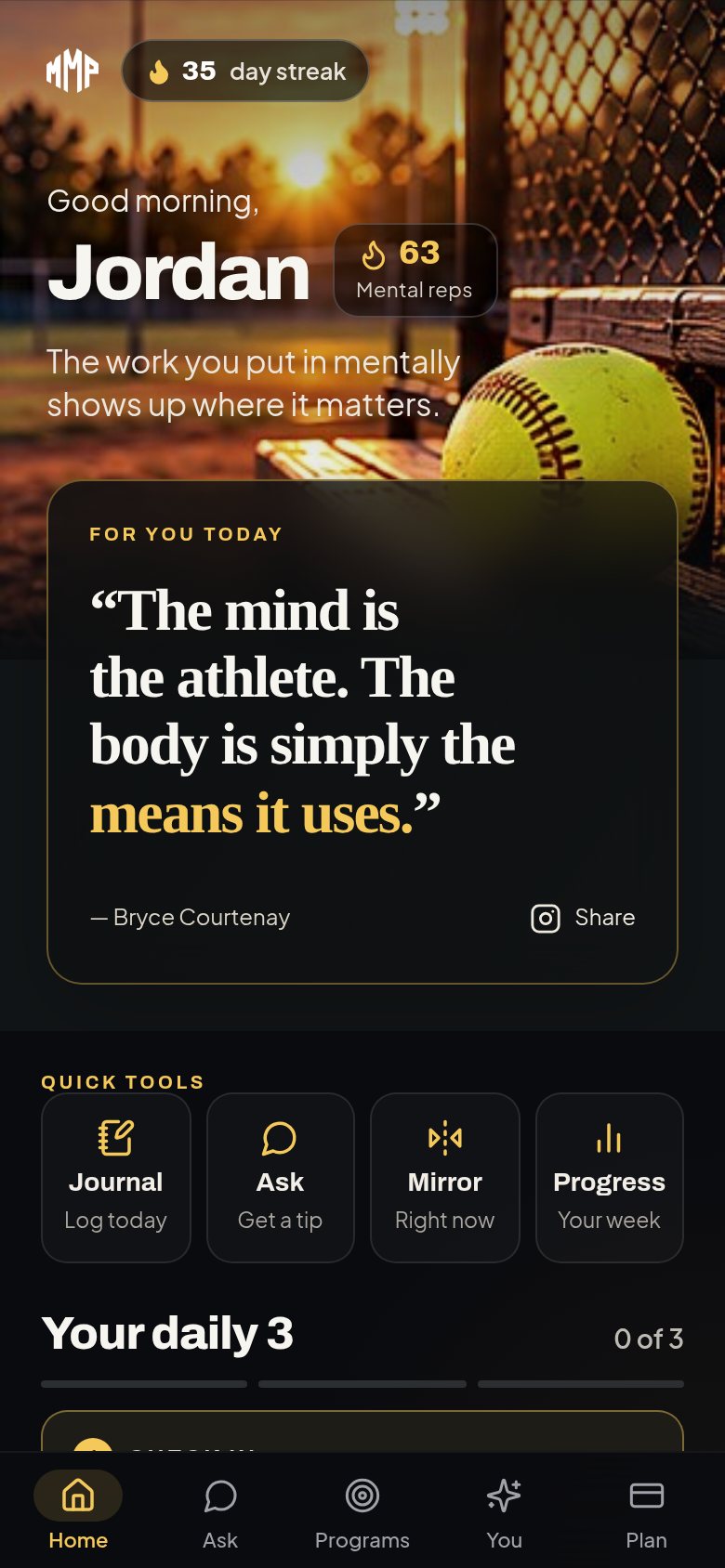 Mirror Mindset Home: the quote of the day on a softball photo