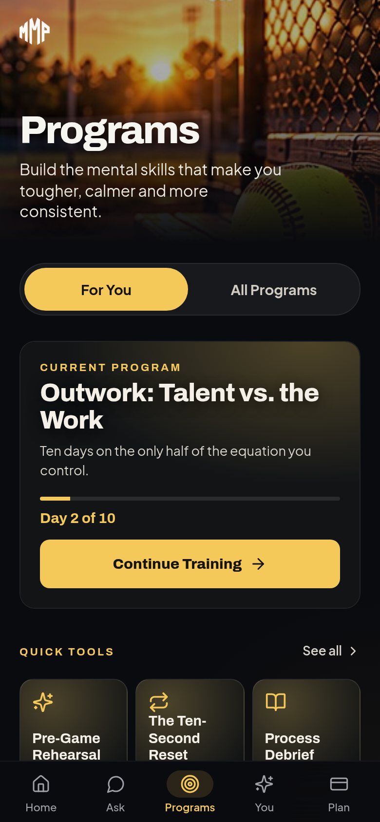 Programs: the current program and quick tools